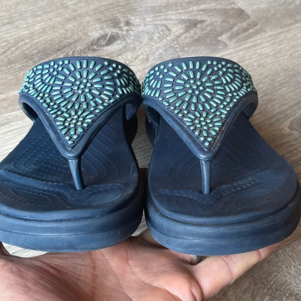 Crocs Monteray Wedge Sandals‎ Beaded Embellished Navy Turquoise Womens 7 - Picture 2 of 8